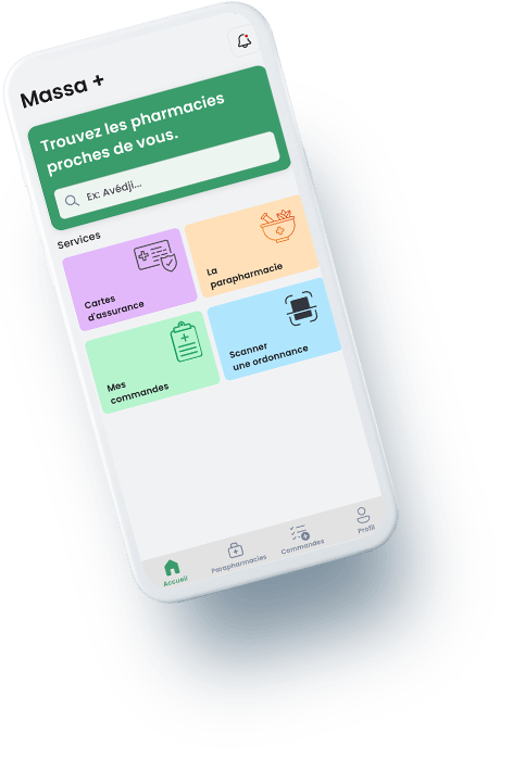 Aperçu de MASSA+ : recherche de pharmacies proches, ordonnances et suivi des commandes